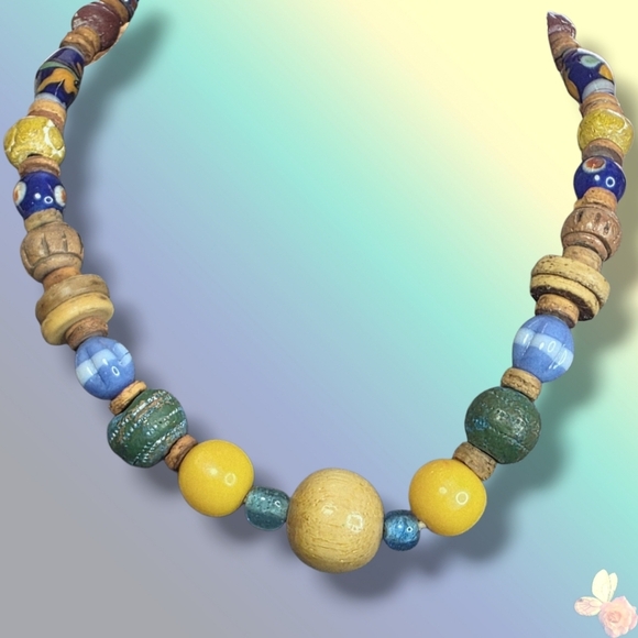 Jewelry - Colorful Mixed Media Beaded Wood Necklace 913